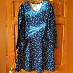 Isaac Mizrahi blue green purple long sleeve size Small dress pocket front